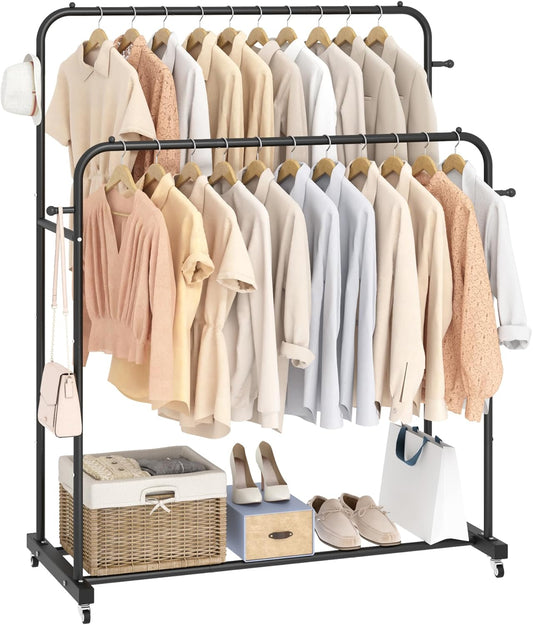 Double Rods Garment Rack with Wheels, Black, 4 Hooks, Multi-Functional Bedroom Clothes Rack, Portable, Modern, Metal, Require Assembly
