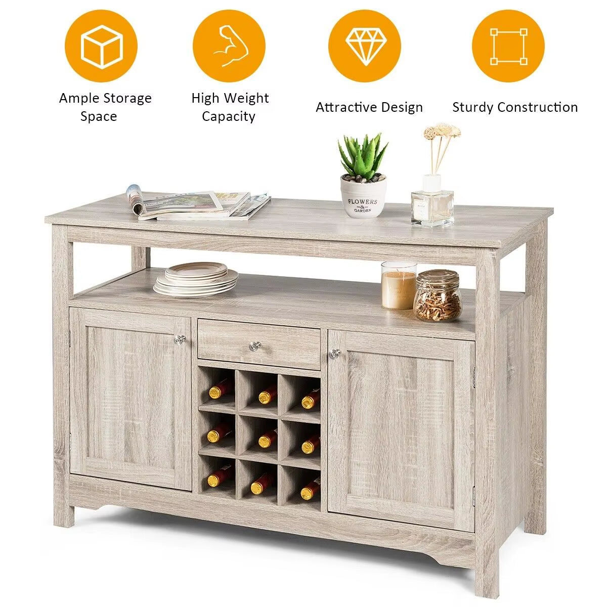 Kitchen Buffet Sideboard Rustic Cupboard Storage Organizer W/Wine Rack
