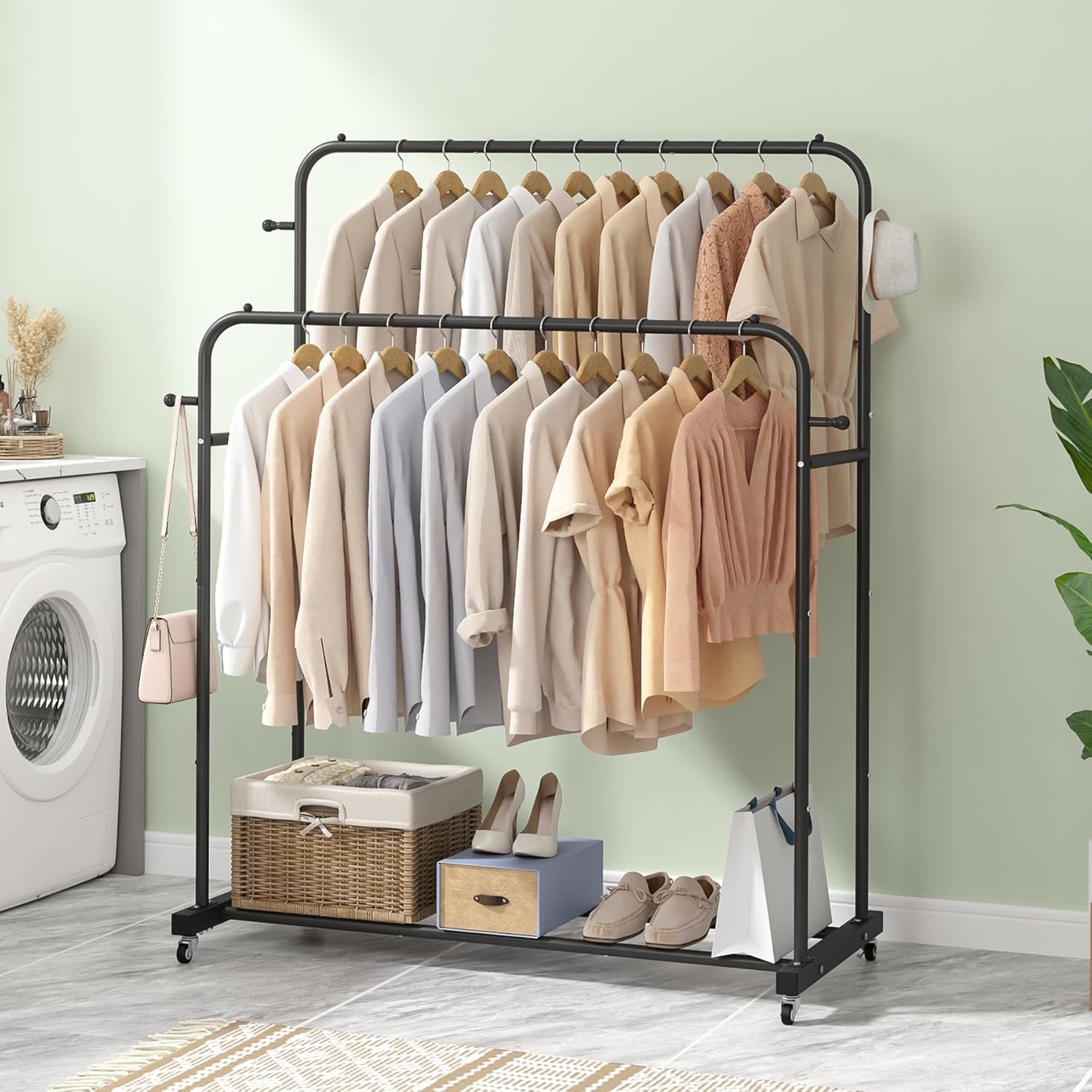 Double Rods Garment Rack with Wheels, Black, 4 Hooks, Multi-Functional Bedroom Clothes Rack, Portable, Modern, Metal, Require Assembly