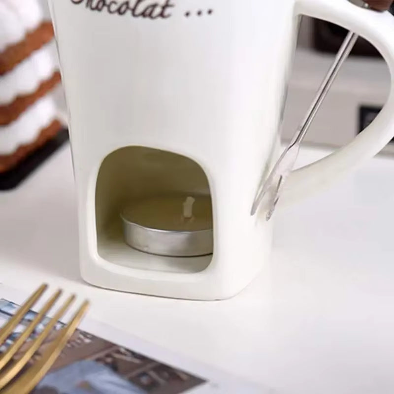 150Ml European Candle Cup Cheese Chocolate Melting Ceramic Mug Heating Food Ceramic Mug with Fork Creative Coffee Mug Tableware