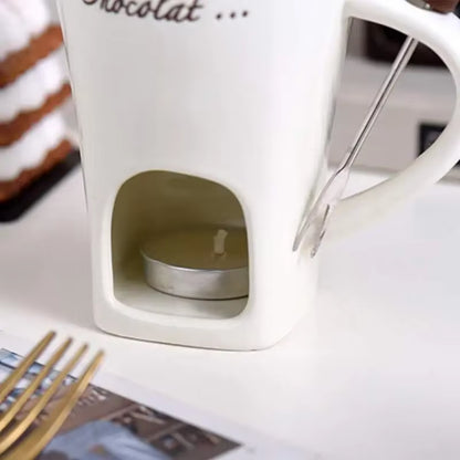150Ml European Candle Cup Cheese Chocolate Melting Ceramic Mug Heating Food Ceramic Mug with Fork Creative Coffee Mug Tableware