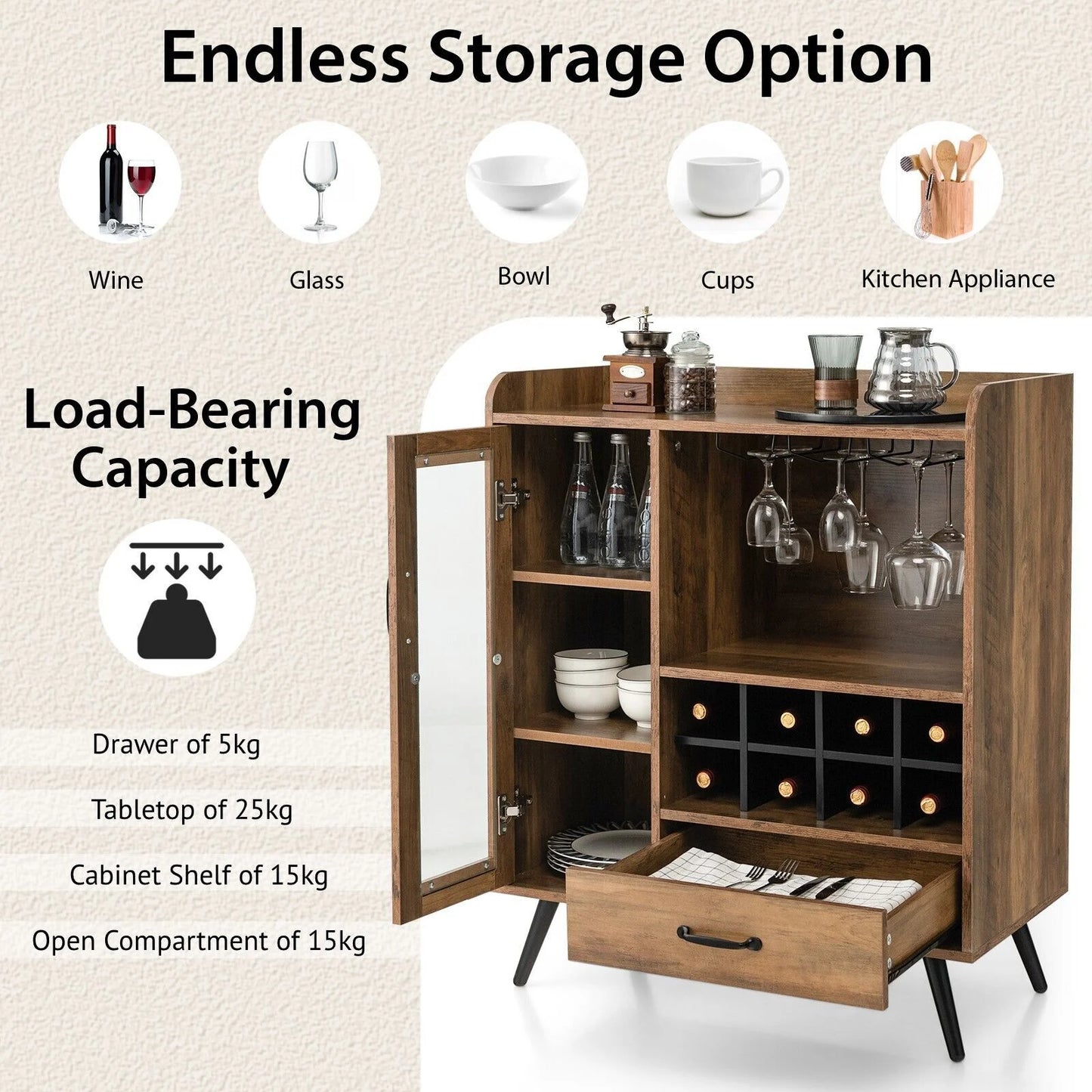 Wooden Wine Cabinet with Removable Wine Rack and Glass Holder