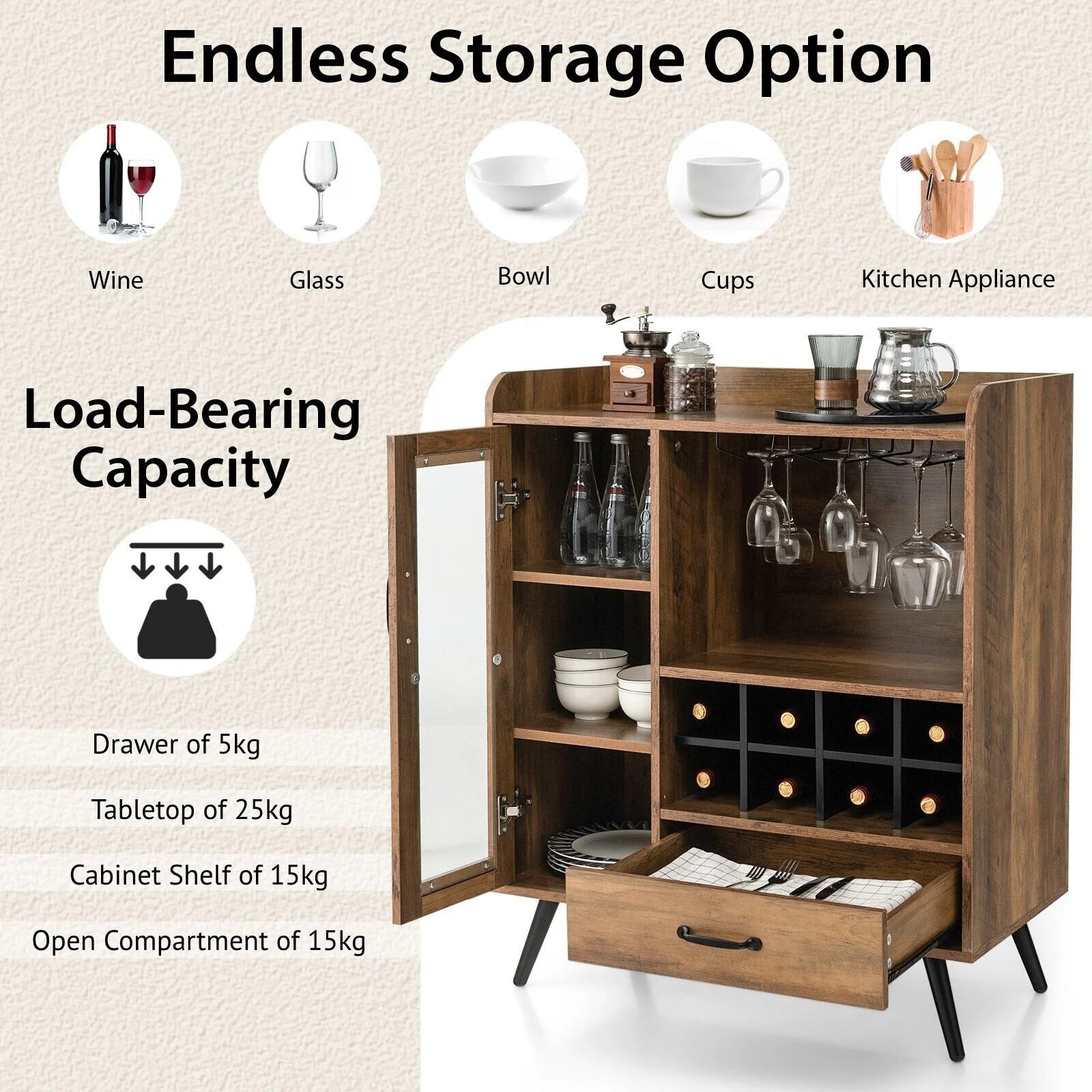 Wooden Wine Cabinet with Removable Wine Rack and Glass Holder