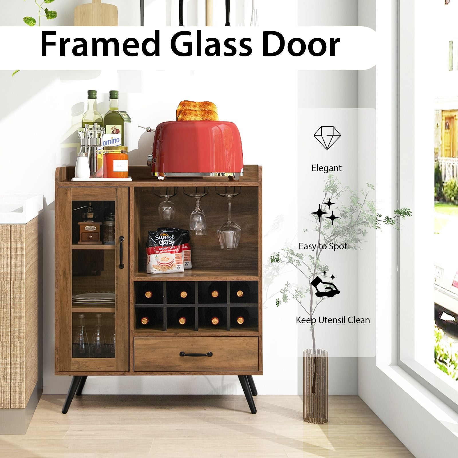 Wooden Wine Cabinet with Removable Wine Rack and Glass Holder
