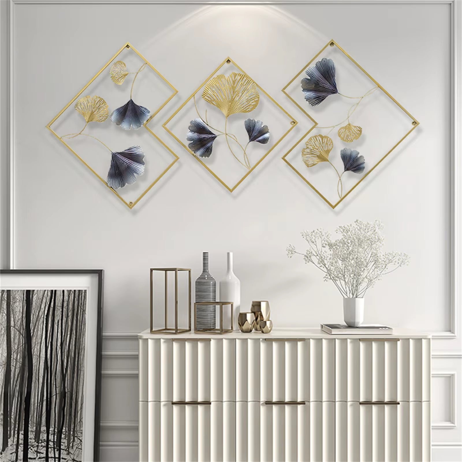 3 Pack Ginkgo Wall Decoration 3D Metal Wall Decor Leaf Wall Background for Living Room Home Office