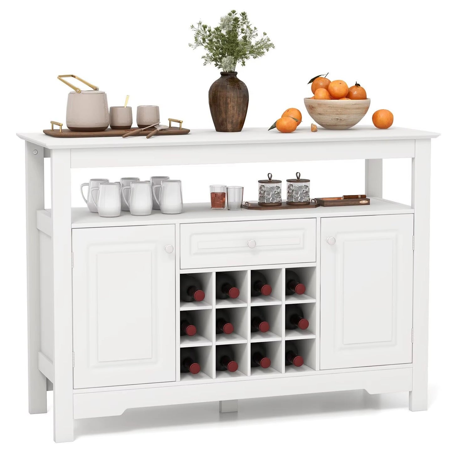Wooden Storage Cabinet Freestanding Bar Buffet Sideboard with Wine Rack Drawer