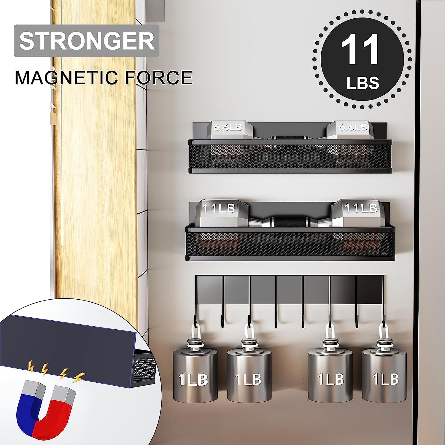 Magnetic Spice Rack for Refrigerator, 3 Pack Magnetic Shelf, Moveable Magnetic Fridge Organizer with 8-Hook Rack, Seasoning Organizer for Kitchen Organization and Storage