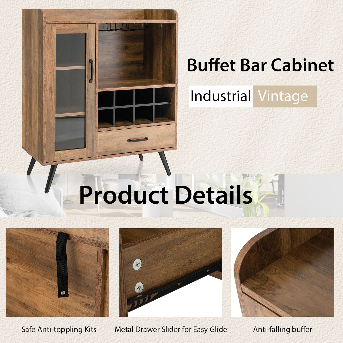 Wooden Wine Cabinet with Removable Wine Rack and Glass Holder