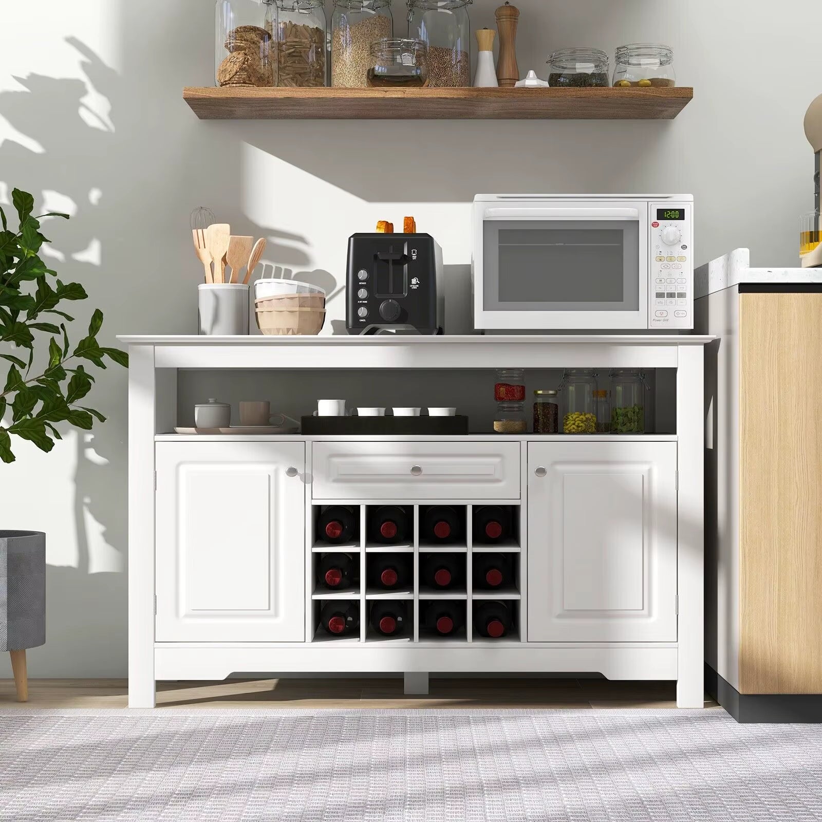 Wooden Storage Cabinet Freestanding Bar Buffet Sideboard with Wine Rack Drawer