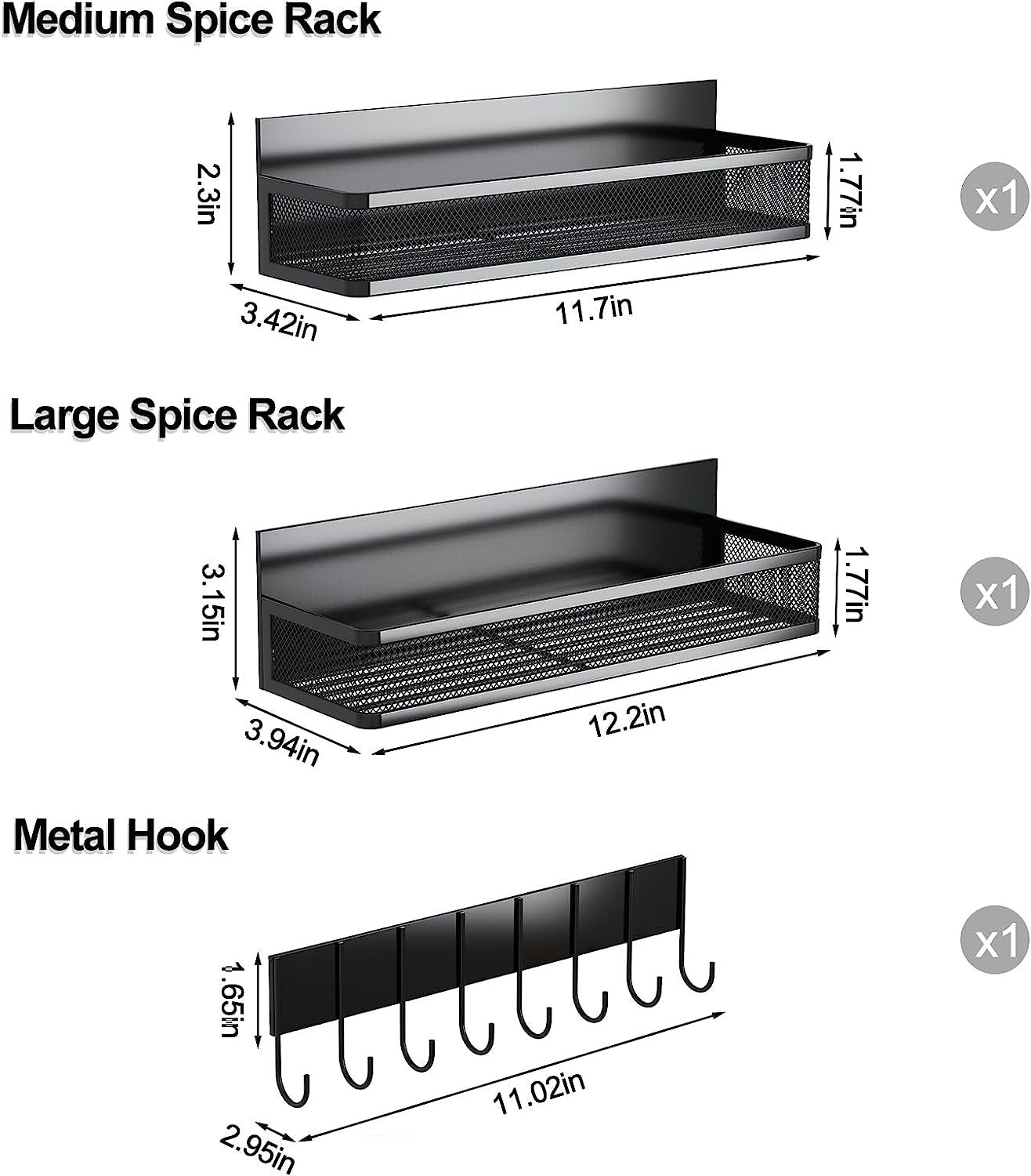 Magnetic Spice Rack for Refrigerator, 3 Pack Magnetic Shelf, Moveable Magnetic Fridge Organizer with 8-Hook Rack, Seasoning Organizer for Kitchen Organization and Storage
