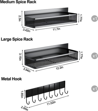 Magnetic Spice Rack for Refrigerator, 3 Pack Magnetic Shelf, Moveable Magnetic Fridge Organizer with 8-Hook Rack, Seasoning Organizer for Kitchen Organization and Storage