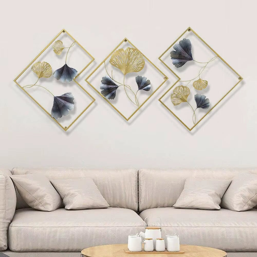 3 Pack Ginkgo Wall Decoration 3D Metal Wall Decor Leaf Wall Background for Living Room Home Office
