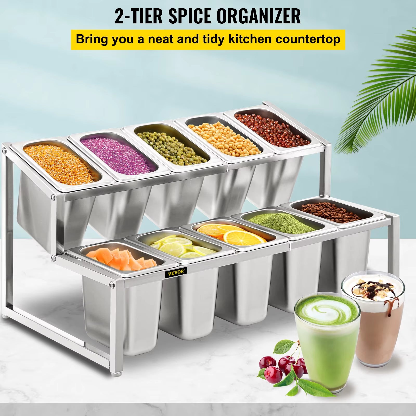Expandable Spice Rack Adjustable Stainless Steel Organizer Shelf with Holder for Sauce Ingredients Fruits for Kitchen