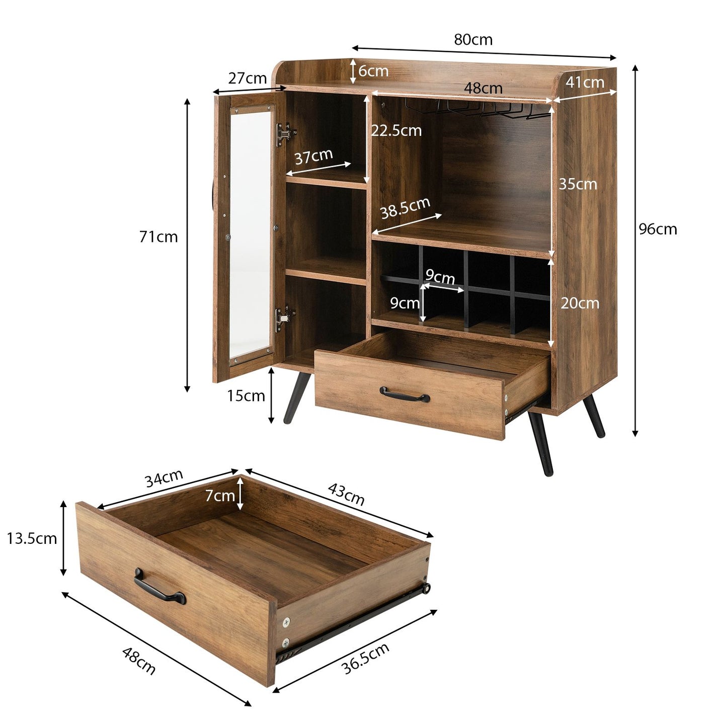 Wooden Wine Cabinet with Removable Wine Rack and Glass Holder
