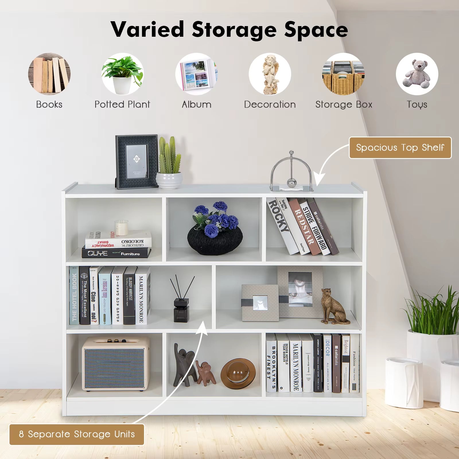 8 Cube Free Standing Bookcase 3-Tier Wooden Bookshelf W/ Open Cubes